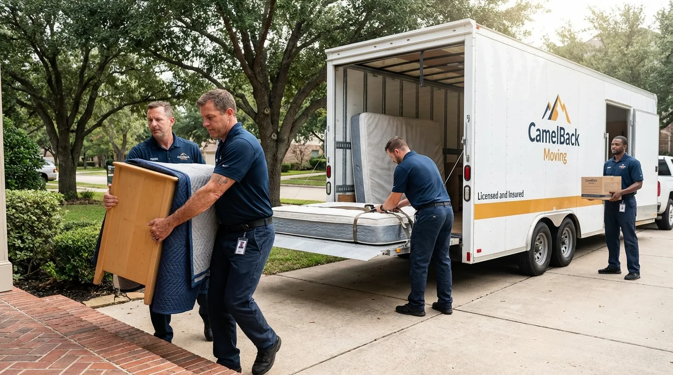 Crew loading residential truck for cross-state move from Sussex, WI