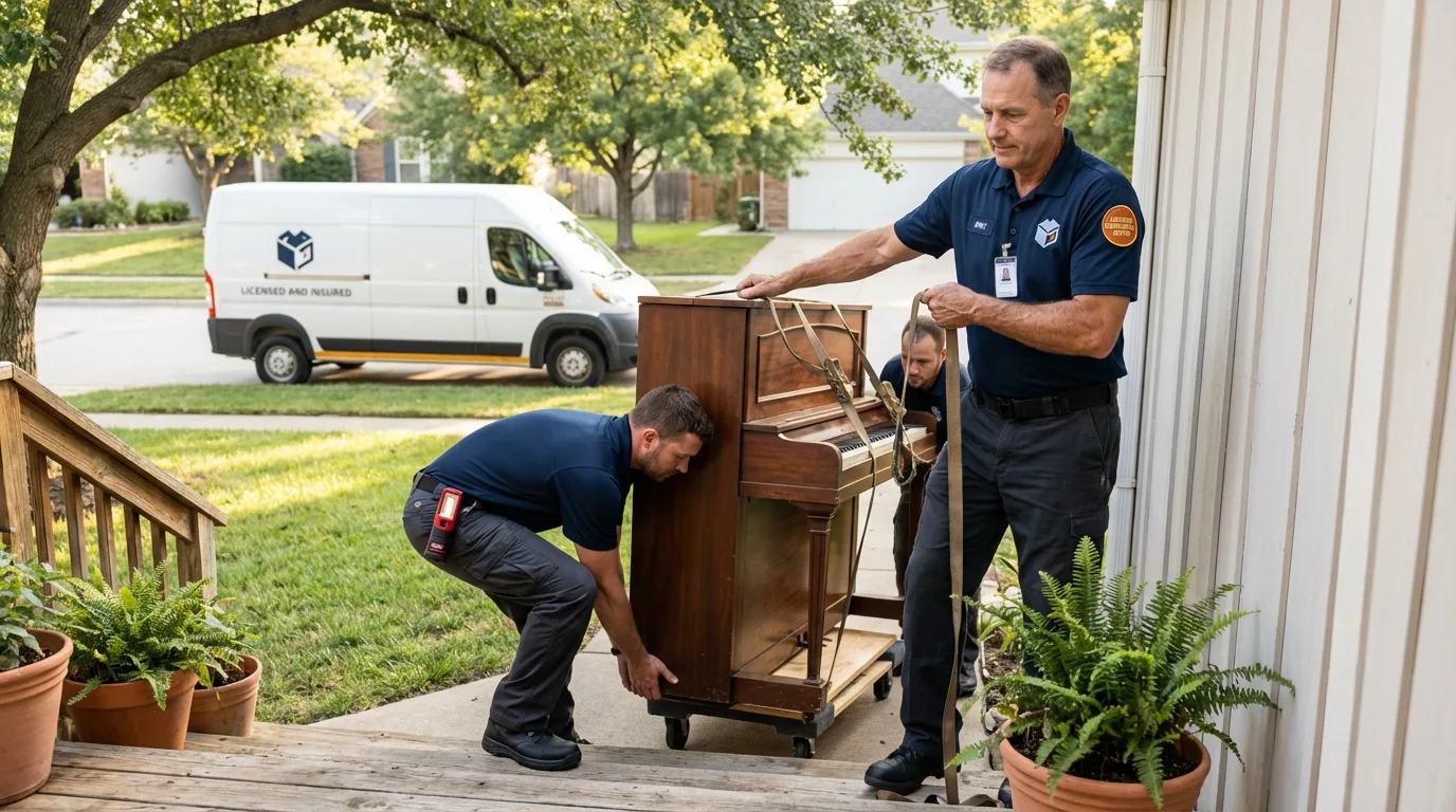 Licensed piano movers securing grand piano in Sussex, WI