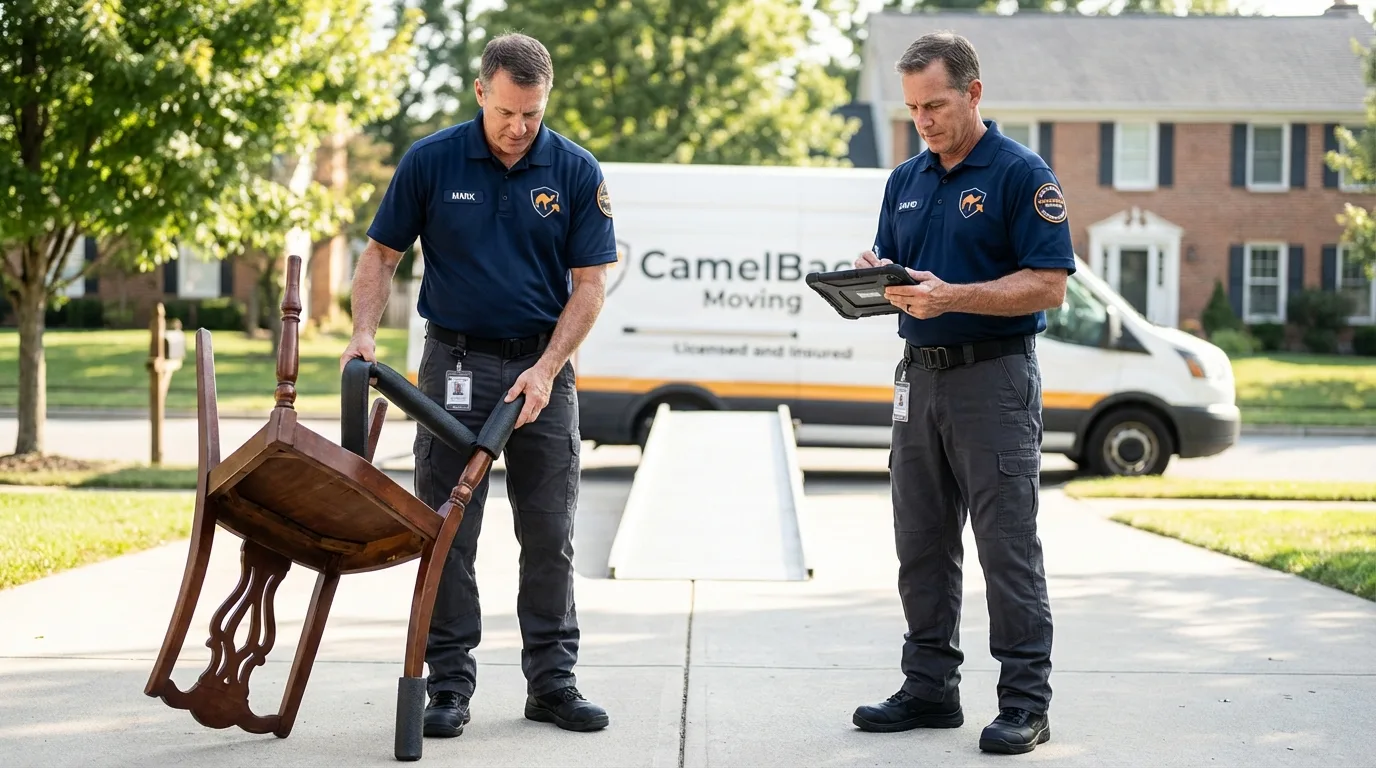Movers inspecting furniture for damage prevention before loading in Sussex, WI