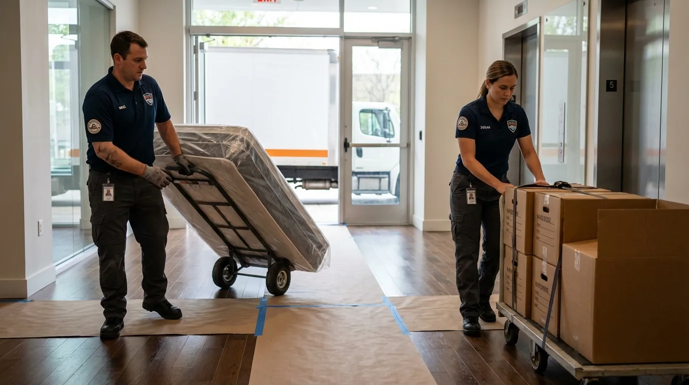 Professional apartment movers loading elevator in Sussex, WI