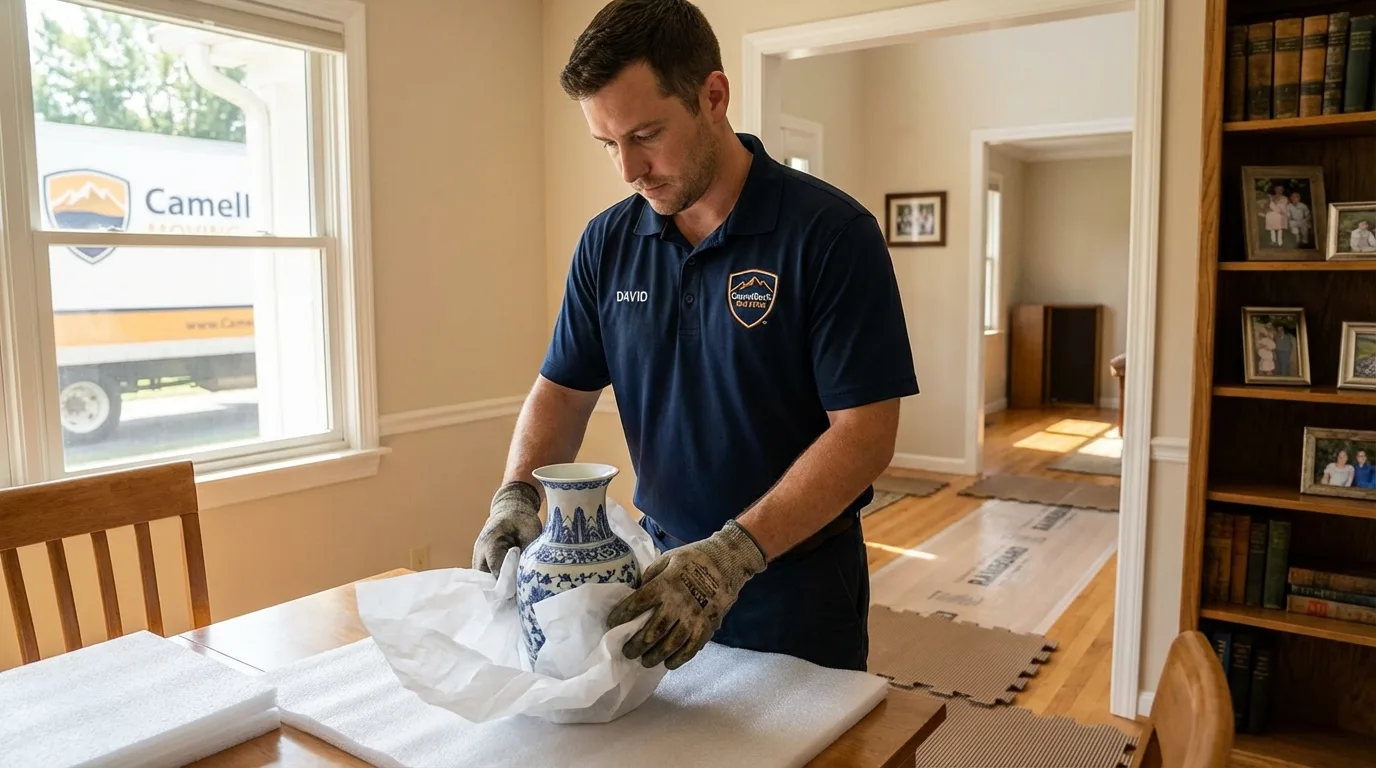 Professional crew carefully wrapping antique vase for senior downsizing move in Sussex, WI