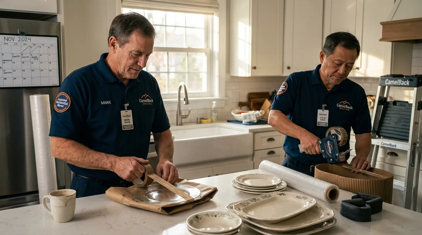 Professional crew packing kitchen dishware in Sussex, WI